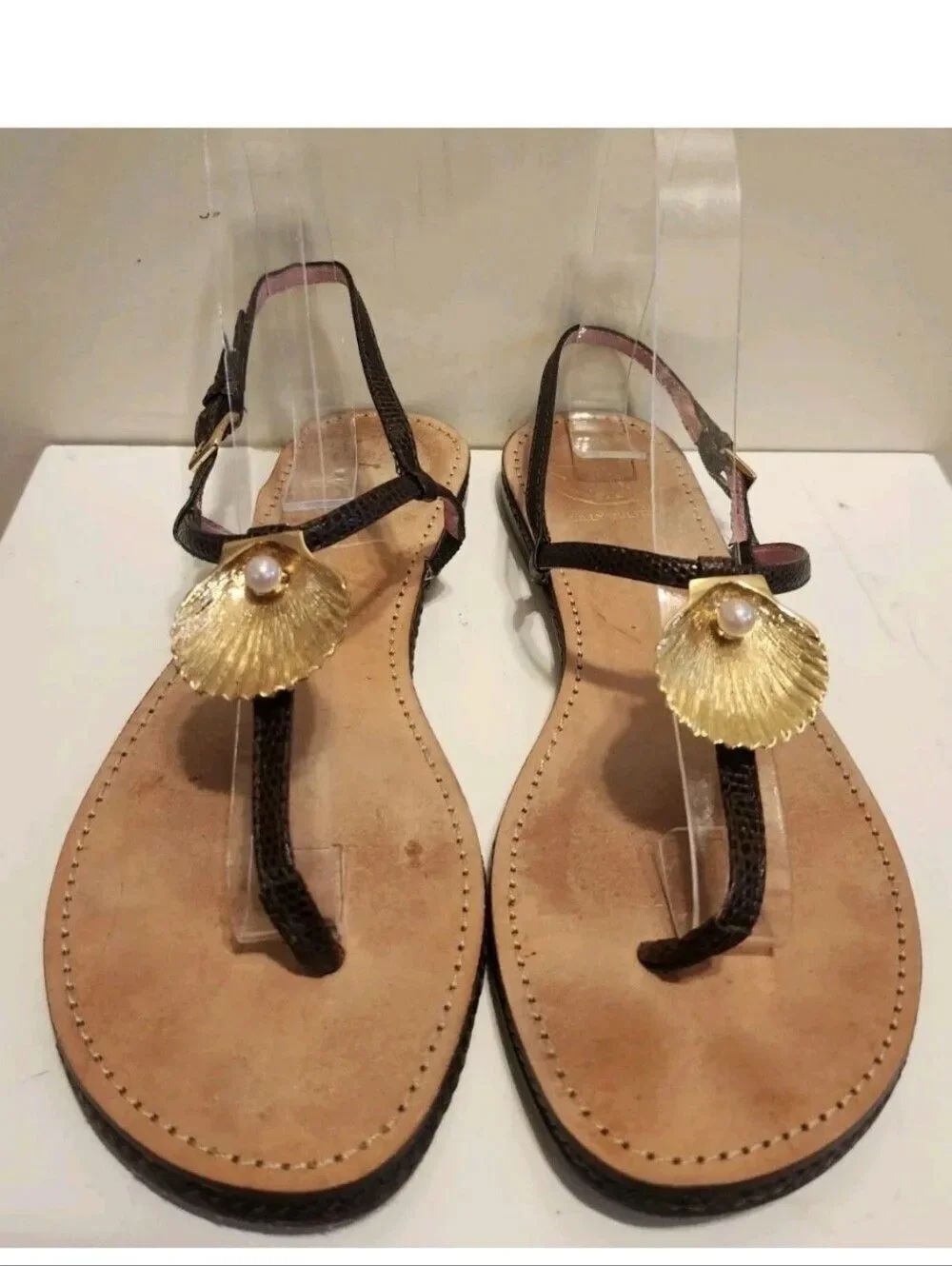 Lilly Pulitzer "Via Palm Beach" Brown Leather Gold Shell Thong Sandals Sz.6 $145